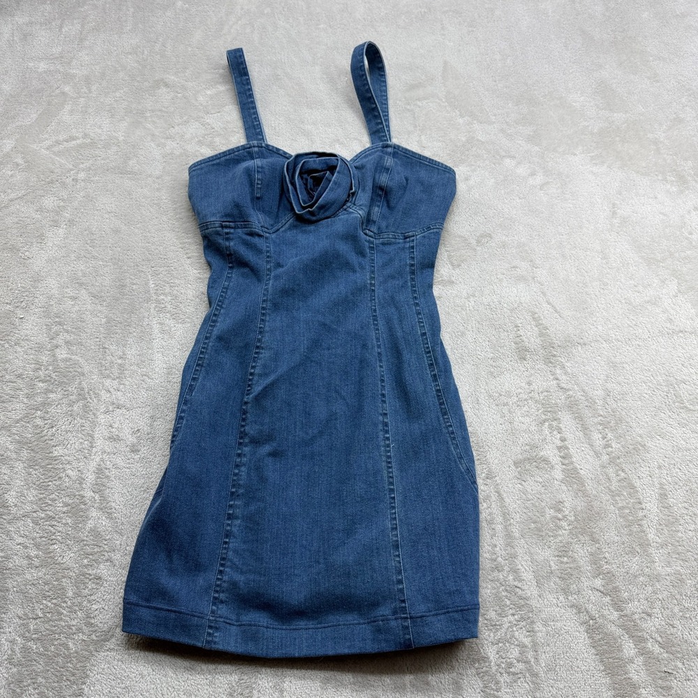 Porridge Denim Mini Dress Womens XXS Blue Rosette Floral Applique Anthropologie